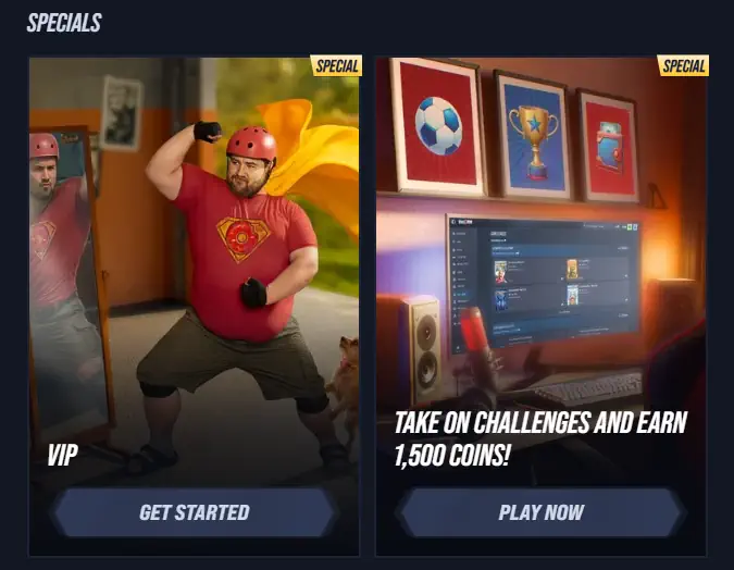 Vegas Hero specials section showcasing VIP rewards and gaming challenges